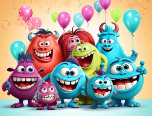 Fototapeta premium Charming Little Beasts Cute Monster Cartoon Art Monstrously Adorable Cartoon Pattern Delight