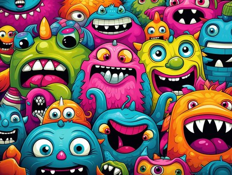 Playful Monster Parade Cartoon Background Design Kawaii Creatures Cute Monster Pattern Art