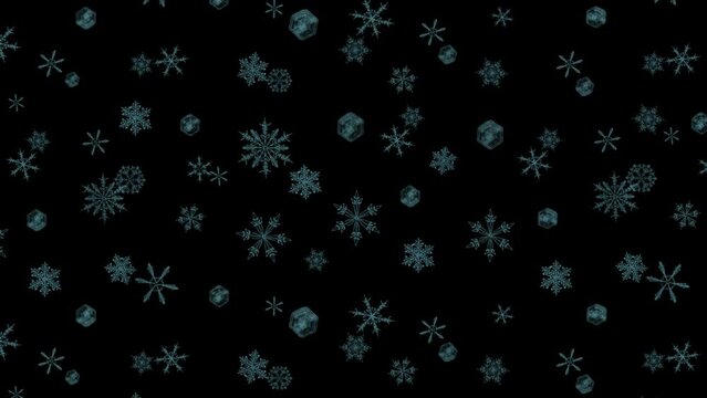 色々な形の雪の結晶達が上から舞い降りてくるアルファ付きループアニメーション。所々回転している結晶がキュートなビデオ。