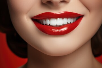 Fototapeta premium Perfect smile after bleaching. Dental care and whitening teeth. Stomatology and beauty care. Woman smiling with great teeth. Cheerful female smile with fresh clear skin