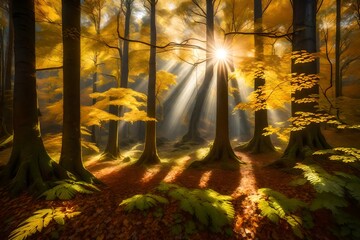 sunset in the forest,autumn in the forest, Magical forest landscape with sunbeam lighting up the golden foliage,