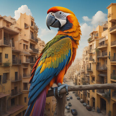 Colorful Parrot with City in Background