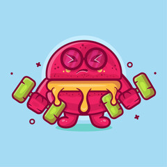 funny macaron bakery character mascot doing bodybuilding using dumbbell isolated cartoon in flat style design