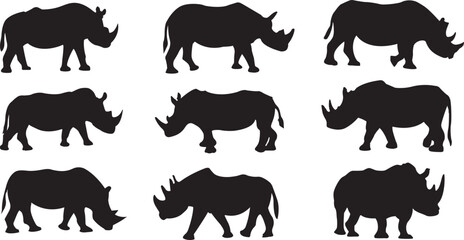 Set of rhinoceros silhouettes.  Rhinoceros icons set. Rhino animal silhouettes. Vector illustration