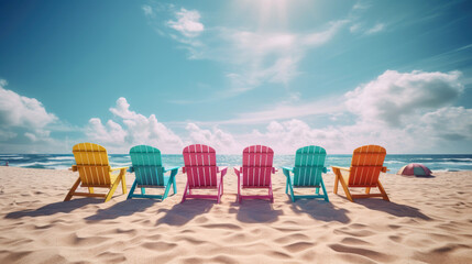 A sunny beach with a row of colorful beach chairs. Generative AI