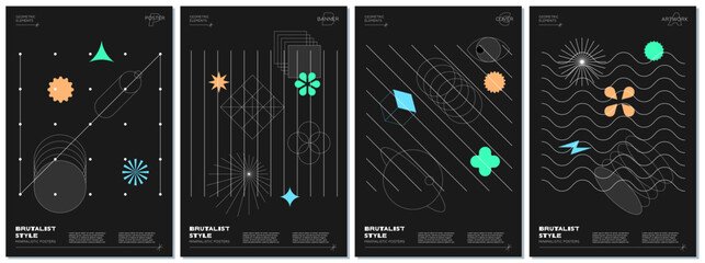 Trendy abstract brutalism poster set with memphis geometric shapes on black background. Modern brutalist style minimal prints design with simple graphic elements. Brutal y2k print vector eps templates