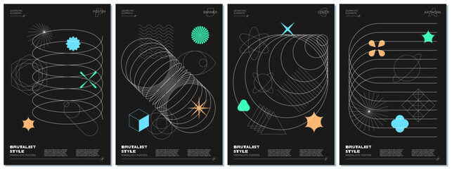 Abstract brutalism poster set with memphis geometric shapes on black background. Modern brutalist style minimal simple graphic prints. Brutal trendy y2k placard design template. Vector eps template