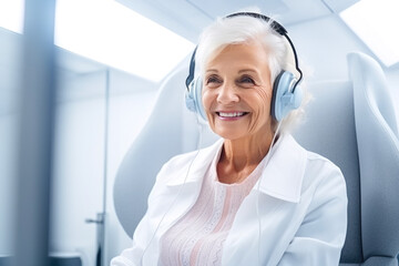 Portrait of a senior woman having a hearing check-up at soundproof audio metric booth, using audiometry headphones and audiometer