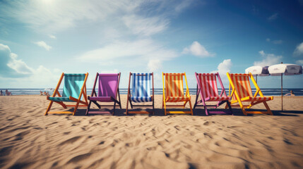 A sunny beach with a row of colorful beach chairs. Generative AI