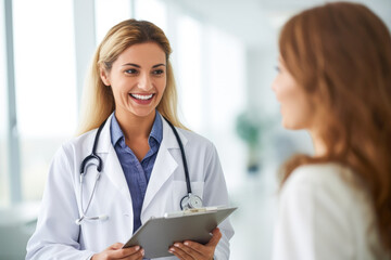 Female doctor with clipboard talking to smiling woman patient at hospital