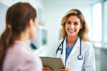 Female doctor with clipboard talking to smiling woman patient at hospital