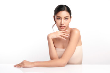Fototapeta premium Beautiful young asian woman with clean fresh skin on white background, Face care, Facial treatment, Cosmetology, beauty and spa, Asian women portrait.
