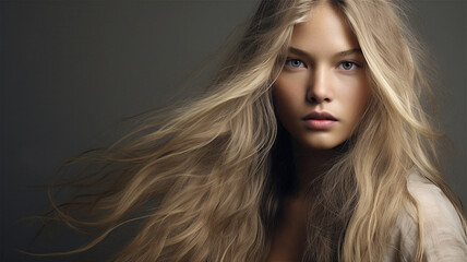 Fototapeta premium Studio portrait of a glamorous female, fashion model with long flowing hair blowing in the wind. Blond hair model with perfect skin.