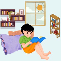 
little boy reading book at home