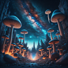 Low Angle Mushroom Trippy Illustration in Space Galaxy