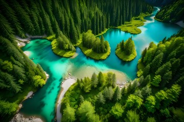 mountain river in the forest, Scenic aerial view of the mountain landscape with a forest and the crystal blue river drone view