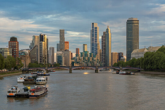 Lambeth bridge over river Thames and the slyline of Vauxhall district with modern buildings and towers  in South London, UK