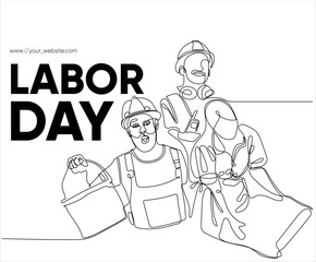 Happy Labour Day simple vector web banner. Set of tools. Lettering Labour Day. Black and white background, banner, poster. Vector illustration