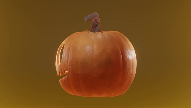 Halloween Pumpkin With Carved And Illuminated Face Rotating in An Infinite Loop On A Orange And Blurry Background, 3D Render