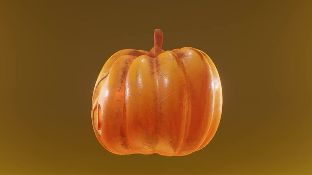 Halloween Pumpkin With Carved And Illuminated Percentage sign, Rotating in An Infinite Loop On A Orange And Blurry Background, 3D Render