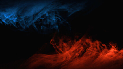 Color vapor. Smoke wave. Hot cold. Blur red blue glowing flame heat ice steam texture on dark black...