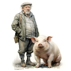 Brushstroke watercolor style realistic full body portrait of a pig on white background Generated by...