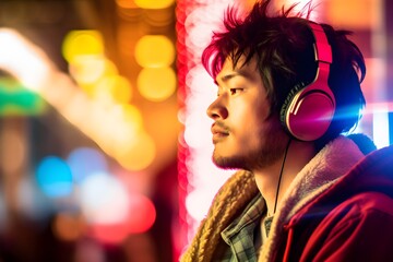  ヘッドフォンで音楽を聴く男性　with generative ai