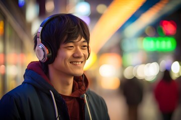  ヘッドフォンで音楽を聴く男性　with generative ai