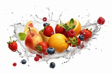 Obraz na płótnie Canvas assorted fresh fruits with water splashes isolated on white background. generative ai