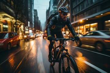 Naklejka premium Cyclist Commuting Through A Bustling City, Generative AI