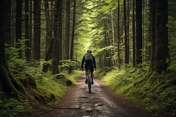 Obraz premium Cyclist Exploring A Serene Forest Trail, Generative AI