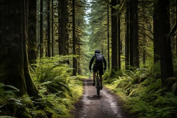 Obraz premium Cyclist Exploring A Serene Forest Trail, Generative AI