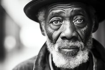 Elderly African American Homeless Man, Closeup Portrait in Black and White
