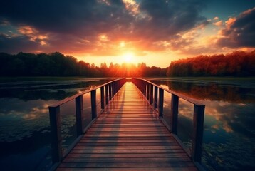 Fototapeta premium wooden bridge over the lake with beautiful sunset. generative ai