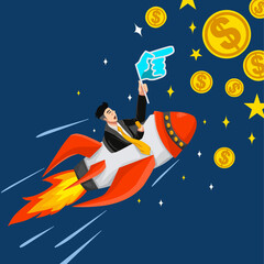 illustration vecto graphic of businessman riding on a rocket towards the money coins. fit for business presentations, financial marketing, motivational poster, website graphic, entrepreunerial event