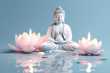glowing buddha and white lotuses flower in water on blue background, generative AI