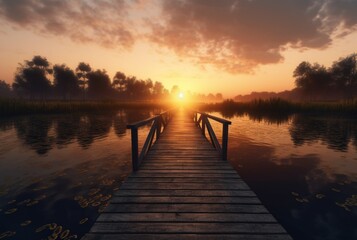 Fototapeta premium wooden bridge over the lake with beautiful sunset. generative ai