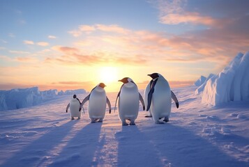penguins playing in the snow with the beauty of the sunset. generative ai