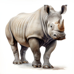 Fototapeta na wymiar Brushstroke watercolor style realistic full body portrait of a rhinoceros on white background Generated by AI 01