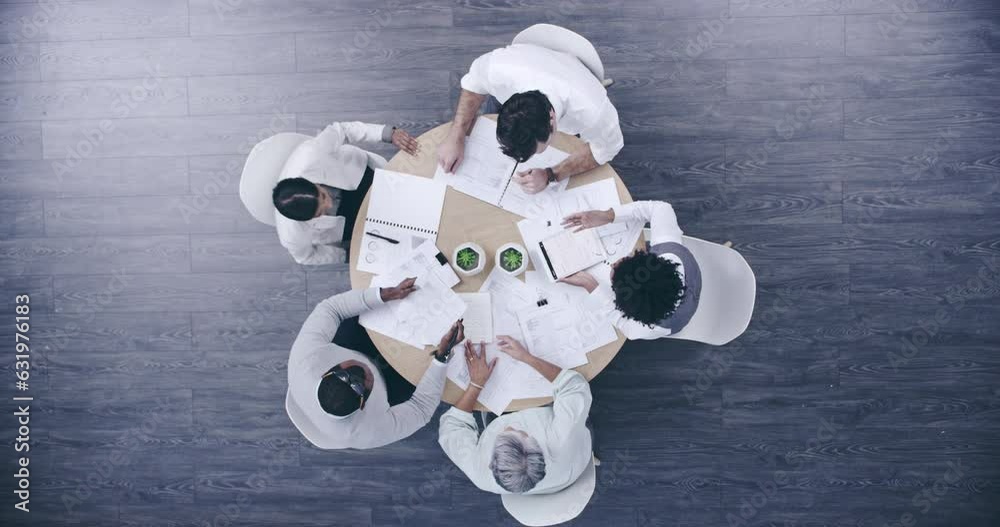 Poster business people, table and circle with paperwork, communication and meeting. company planning, above