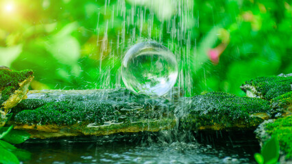 Eco conservation concept. Crystal Earth on fern in green grass forest with rain water. Sustainable Business Goals, Earth Day, Earth Day, Ecosystem, Sustainable Environmental Organization Development