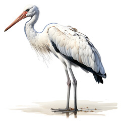 Brushstroke watercolor style realistic full body portrait of a stork on white background Generated by AI 02
