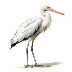 Brushstroke watercolor style realistic full body portrait of a stork on white background Generated by AI 03