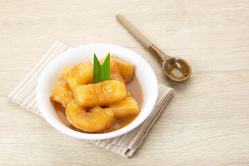 Singkong Gula Merah, made from cassava, palm sugar, pandan leaf. Indonesian traditional food
