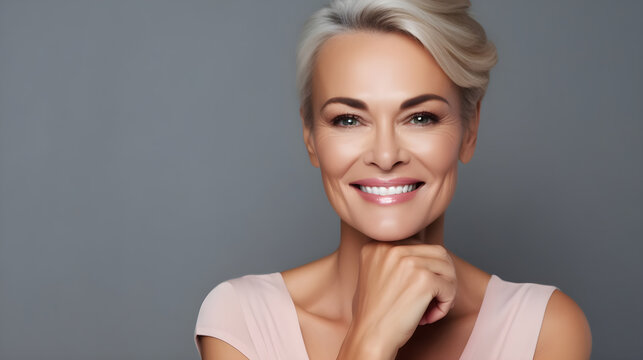 Portrait of mature attractive woman model, Face of a happy woman model with dermatology skin care and health