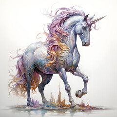 Obraz na płótnie Canvas Brushstroke watercolor style realistic full body portrait of a unicorn on white background Generated by AI 01