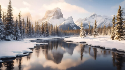 Snowy mountain summits reflecting in crystal clear mountain lake on a cold sunny day with blue sky and clouds