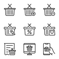 Shopping cart line icons set. e-commerce, recycle, secure, sell, promotion, purchase, discount, stroke, retail, marketing, website, commerce, customer, online