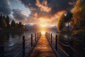 wooden bridge over the lake with beautiful sunset. generative ai
