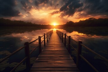 Obraz premium wooden bridge over the lake with beautiful sunset. generative ai